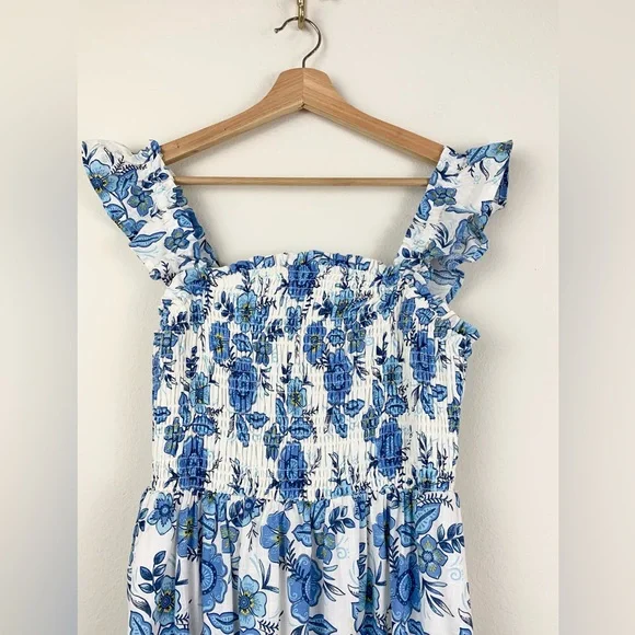 haute hippie blue dress Haute Hippie Tiered Midi Peasant Dress Size 6 White Blue Floral Cottage  Smocked